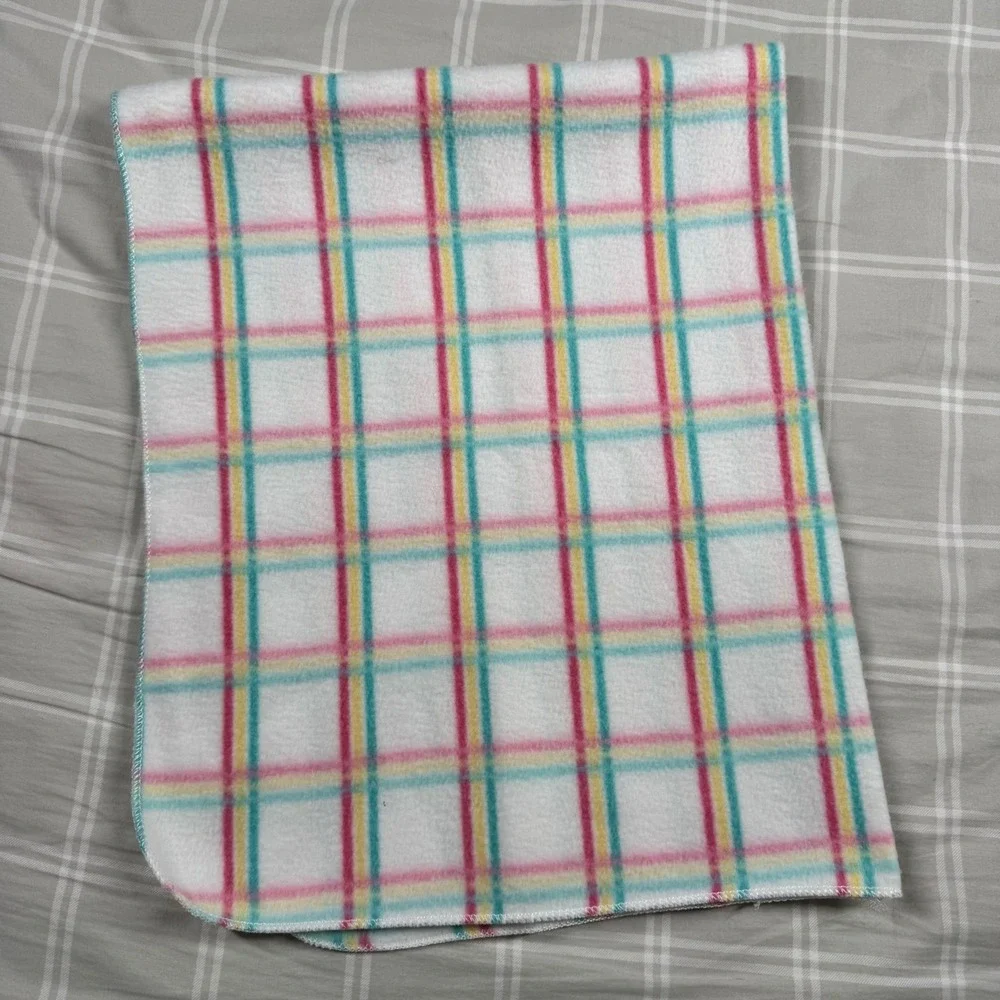 Vtg Luv n' care Fleece Baby Blanket Plaid Pink Yellow Teal White 2002 RN06705